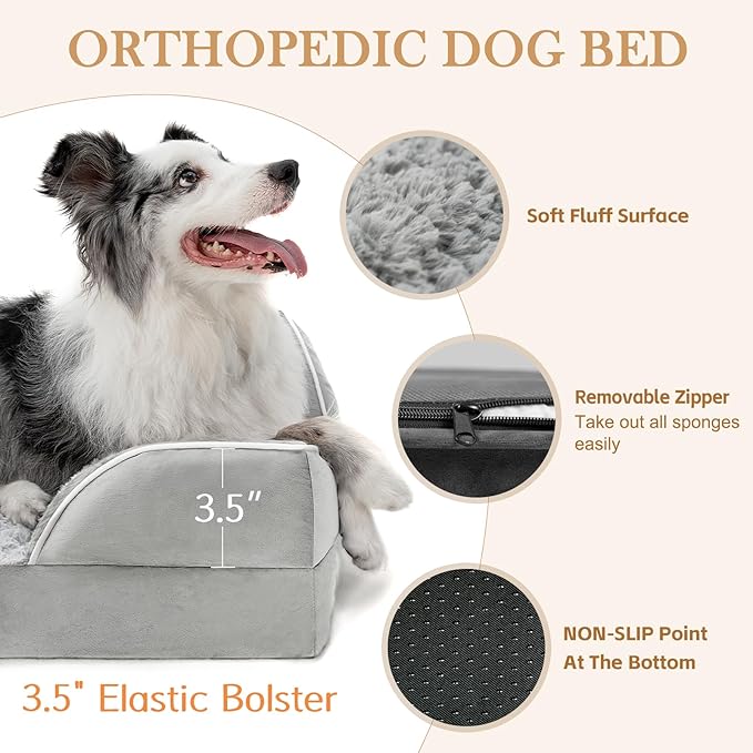 Comfort Expression Orthopedic Dog Bed for Small Dogs 24x16 Inch, Waterproof Egg Crate Foam Small Pet Bed with Removable Bolsters, Dog Couch with Washable Cover & Non-Slip Bottom, Grey White