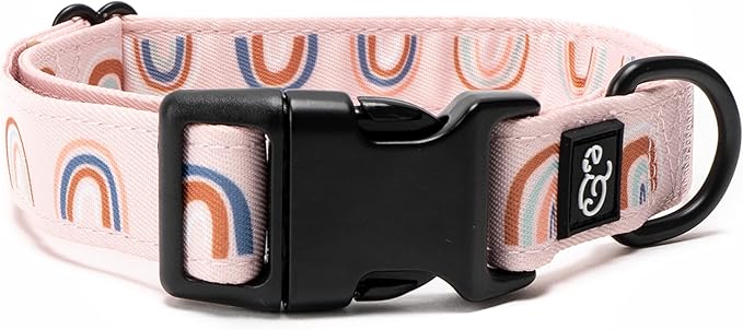 Lucy & Co. in The Clouds Dog Collar - Durable Lightweight Designer Collar for Pets - Adjustable Metal Safety Buckle - Pink Rainbows - Medium