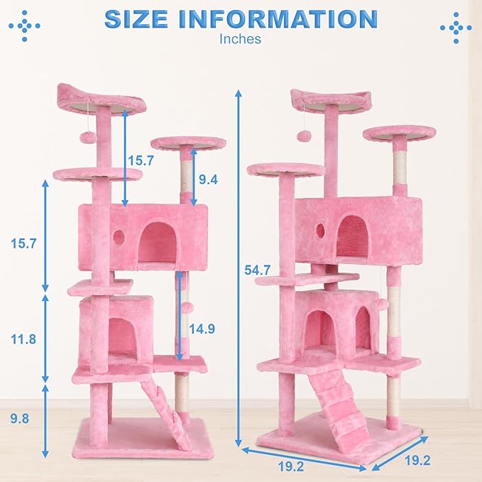 FDW | 54" Cat Tree Tower | Pink | Multi-Level Indoor Activity Center with Sisal Scratching Posts, Condos, Plush Perches, Hanging Cat Toys | Sturdy, Easy to Assemble | for Kittens & Adult Cats