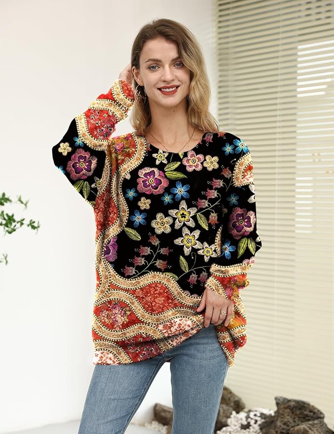 YESNO Women Christmas Sweater Graphic Printed Oversized Pullover Sweaters Casual Loose Knit Tops S01
