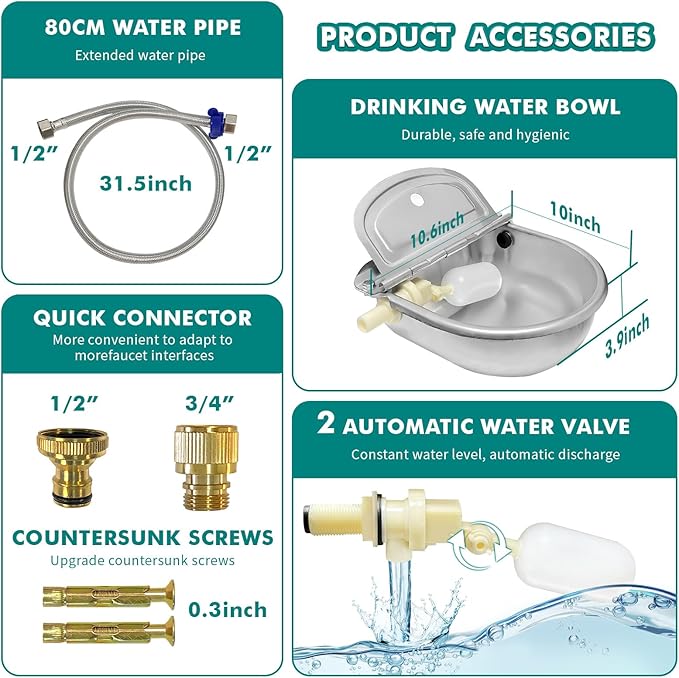 Automatic Water Dispenser for Dogs, Automatic Horse Waterer Bowl with 2 Float Valve,304 Stainless Steel auto self Filling Dog Water Bowl Dispenser Outdoor Livestock Water Bowl Kit for Chicken