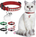 Leather Personalized Breakaway Cat Collar with Studded Bell and Safety Quick Release Buckle - Rivets Studded ID DIY Collars for Boy Girl Cats Kittens, 9" - 11.5" Red