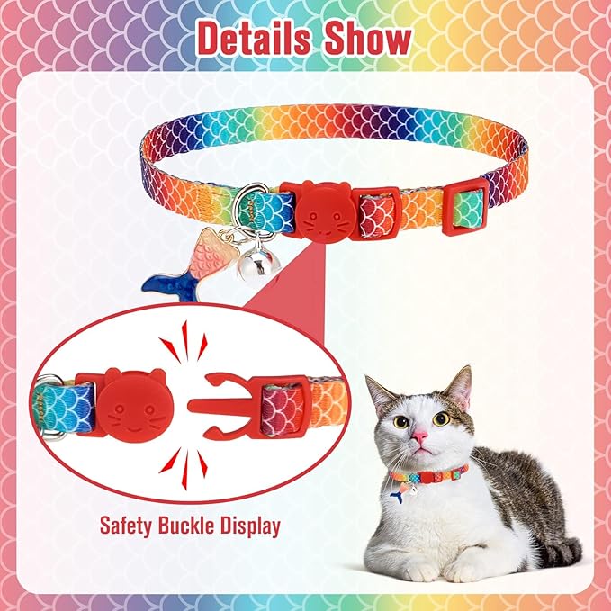 PUPTECK Cat Collars Breakaway with Bell - Summer Fish Scale Pattern Pet Collar 3 Pack for Kittens Puppies and Small Pets