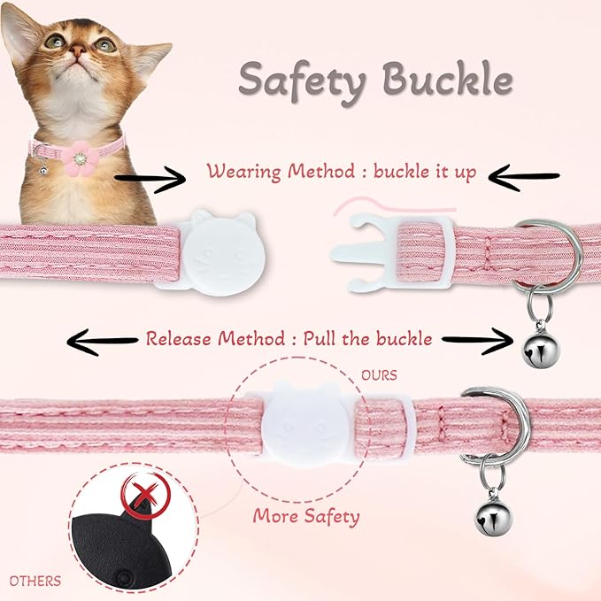 Cat Collar, HANSHILAI Kitten Collar with Bells, Cute Cat Collar Breakaway for Girl Boy with Flower,Collar para Gatos (Rhinestones Yellow & Pink & Orange & Purple)