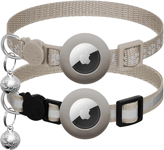 2 Pack Airtag Cat Collar Breakaway with Bell,Reflective Kitten Collar with Apple Airtag Cat Collar Holder,Adjustable 7-12In,Safety Buckle for Girl Boy Cats,Pet Supplies,Accessories,Gifts (Gray)