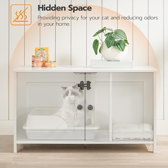 HOOBRO Litter Box Enclosure, Cat Litter Box Furniture with Removable Divider, Large Hidden Litter Box Furniture, Wooden Cat House, End Side Table, 31" L x 17.5" W x 19.7" H, White WT03MW01G2