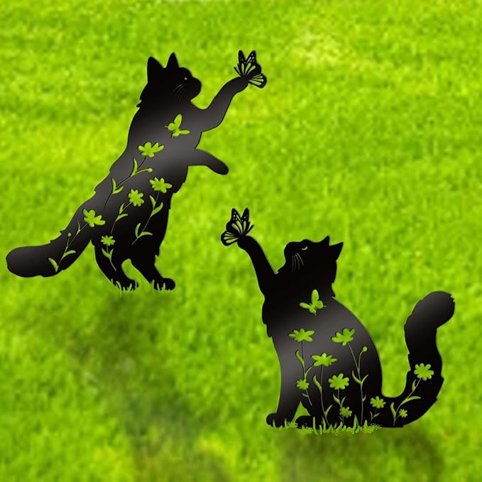 Bnesi Floral Long-Haired Cat Yard Decor Pet Grave Markers Metal Sign Silhouette Garden Ornament Pet Grave Markers Outdoor Cat Memorial Gift Flowerbed Decor (Lively)