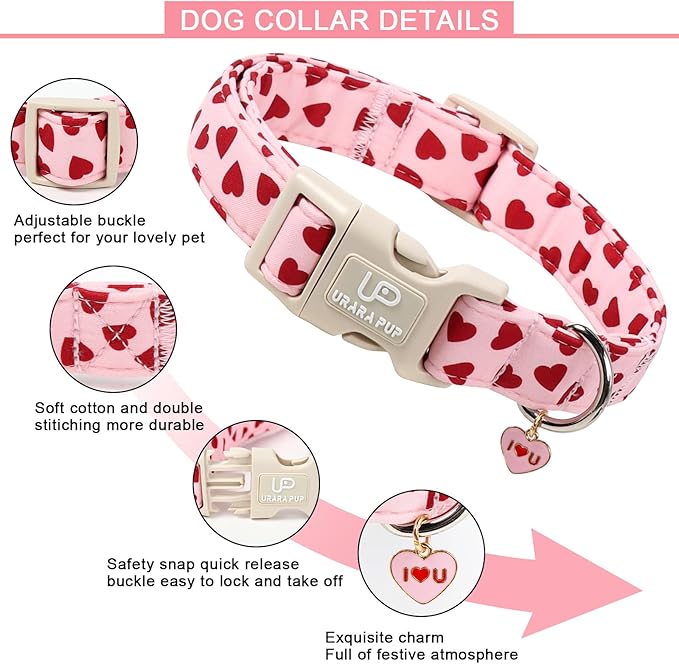 Valentine's Dog Collar, UP URARA PUP Pink Love Heart Adjustable Pet Collar with Bowknot Charm, Adorable Wedding Dog Accessories for Small Medium Large Dogs