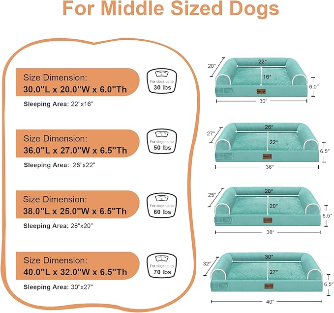 Large Dog Bed Orthopedic Washable: Beds Bolster XL Bed Big XLarge Dogs Egg Crate Foam Couch Sofa Waterproof with Removable Cover - Aqua Blue