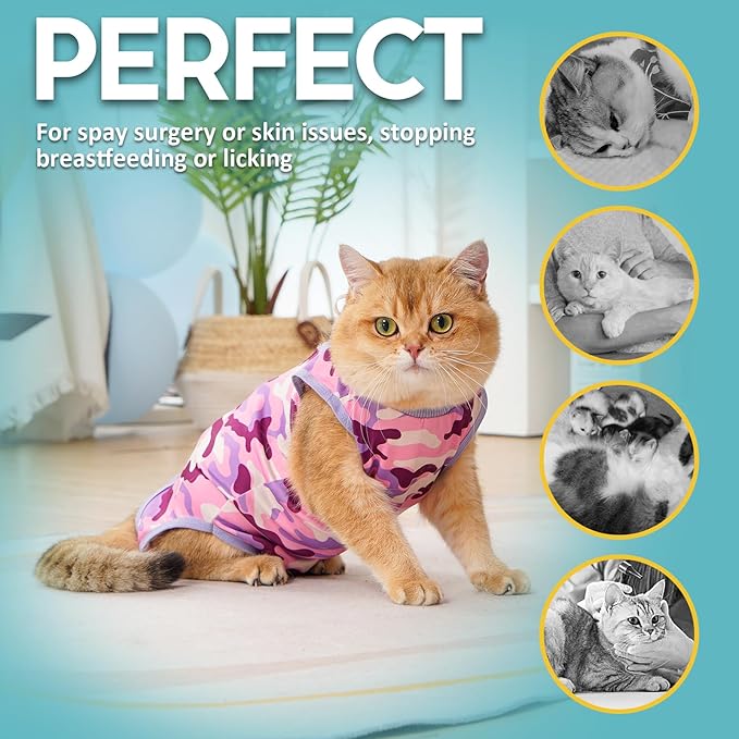Avont Cat Recovery Suit - Kitten Onesie for Cats After Surgery, Cone of Shame Alternative Surgical Spay Suit for Female Cat, Post-Surgery or Skin Diseases Protection -Purplecamo(S)