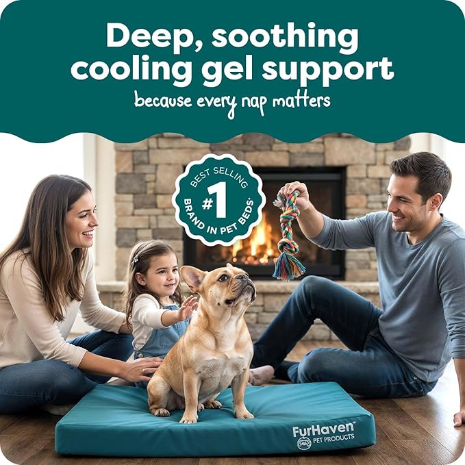 FurHaven Water-Resistant Orthopedic Dog Bed for Medium Dogs, Oxford Polycanvas Mattress with Orthopedic Solid Slab Foam for Joint Support, Removable Washable Cover, Medium, Deep Lagoon