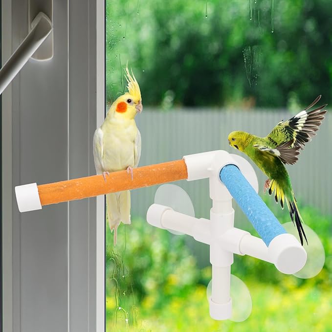 Hypeety Portable Suction Cup Bird Window and Shower Perch Toy for Bird Parrot Macaw Cockatoo African Greys Budgies Parakeet Bath Double Stand Perch Toy