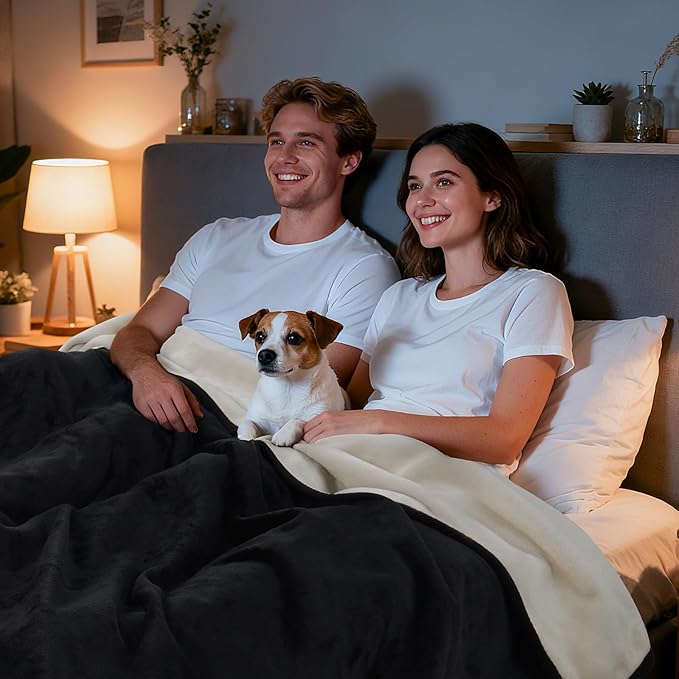 LOOBANI Waterproof Blanket for Bed: Reversible Soft Flannel Twin Bed Blanket 60" x 80", Leakproof Throw Spill-Proof Dog Pet Blanket for Couch, Sofa Protect, Movie Time, Camping, Travel, Black & Beige