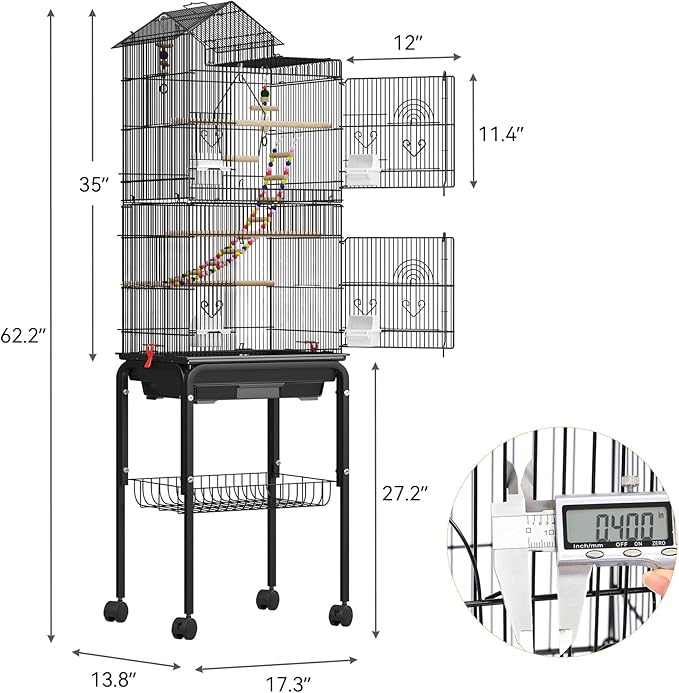 YITAHOME 62 inch Metal Bird Cage, Large Parakeet Cages for Parrot, Cockatiel, Lovebird, Pigeon with Roof Top, Rolling Stand and Hanging Accessories