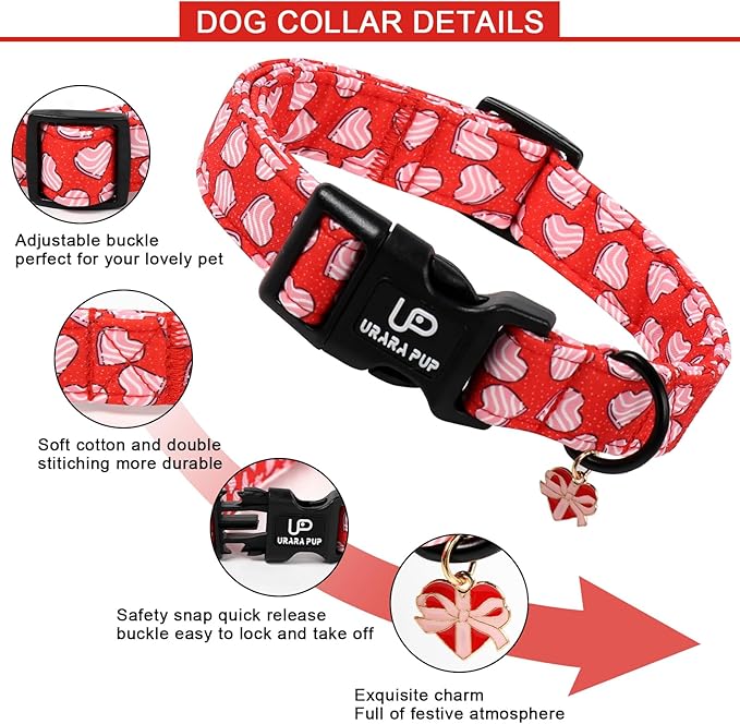Valentine's Dog Collar, UP URARA PUP Pink Heart in Red Adjustable Pet Collar with Bowknot Charm, Wedding Dog Accessories for Small Medium Large Dogs