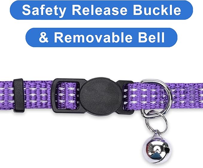 Pawtitas Reflective Purple Cat Collar with Safety Buckle and Removable Bell for Kitten and Cats