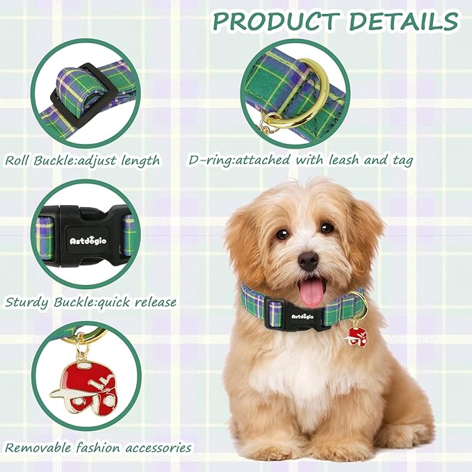 Dog Collar with Dark Green Striped Checkered for Spring Summer, Adjustable Cotton Puppy Collar for Small Medium Large Girl Boy Dogs-M