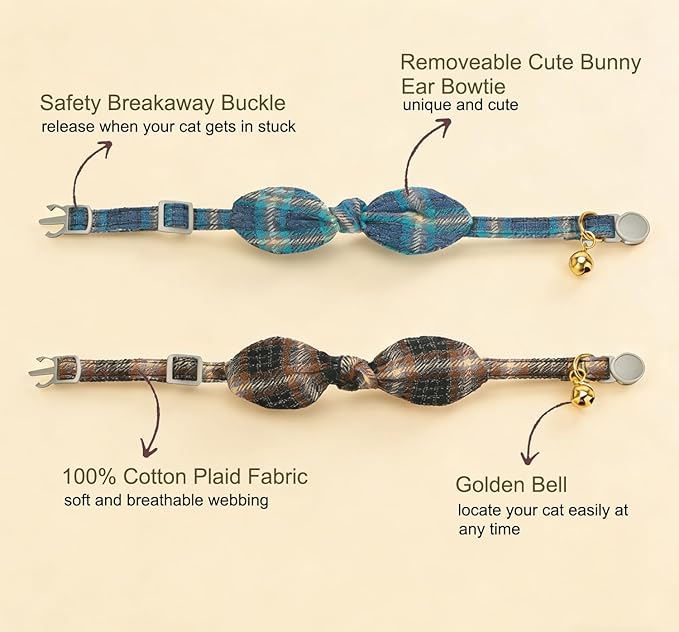 Cotton Bowtie Cat Collar with Bell 2 Pack Plaid Breakaway Kitten Collars with Removeable Bunny Ear Bow(Mocca Tweed+Ocean Blue)
