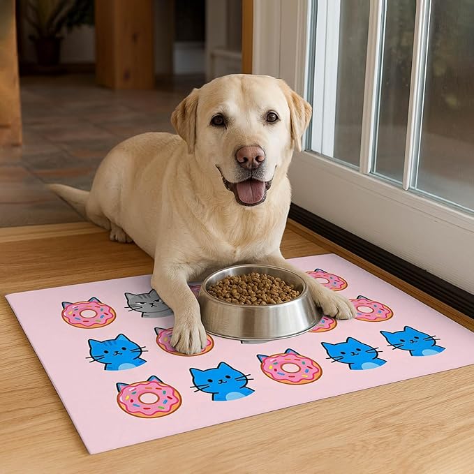 Cat Feeding Mat 24x16 inch Donut Cat Print Pet Bowl Placemat Non Slip Floor Mat for Food and Water Indoor Kitty Feeding Station Cute Meal Pad for Small Pets Kitchen Use