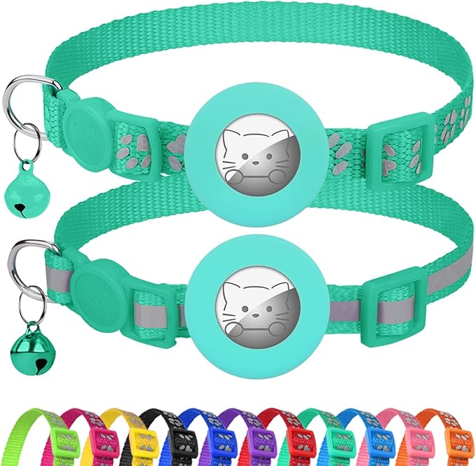 Joytale AirTag Cat Collar 2 Pack with Breakaway Safety Buckle, Reflective Cats Collar with AirTag Holder, Adjustable 7.5-12.5 Inch, Anti-Fraying Lightweight for Girl Boy Kitten, Teal
