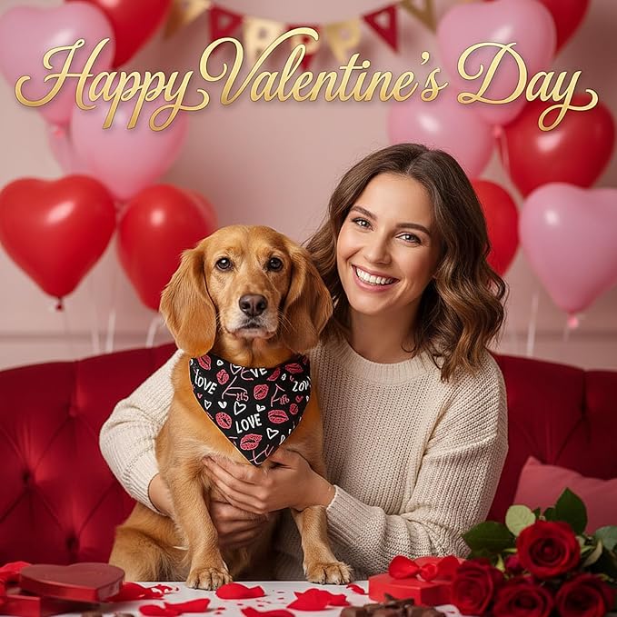 Weewooday 50 Pcs Valentine's Day Dog Bandanas Bulk for Dogs Soft Bibs Adjustable Triangle Heart Lips Bandana for Small Medium Large Pet Costume(Valentine, 25.6 x 17.7 x 17.7 Inch)