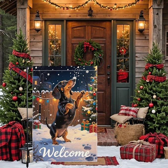 Dachshund Welcome Garden Flag 12x18 Inch Double Sided Christmas Burlap Yard Banner Winter Holiday Outdoor Decor for Dog Lovers Home Seasonal Decoration