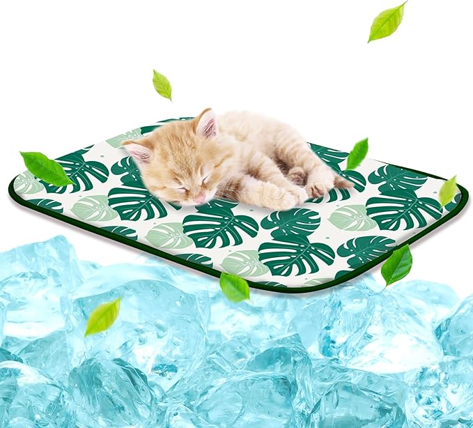NWK Pack of 4 Pet Cooling Mat - Ice Silk Cooling Mat for Dogs & Cats Portable & Washable Pet Cooling Blanket, Car Seats, Beds for Summer (4pcs, Green Leaf, 20’’ X 16’’ X 0.3)