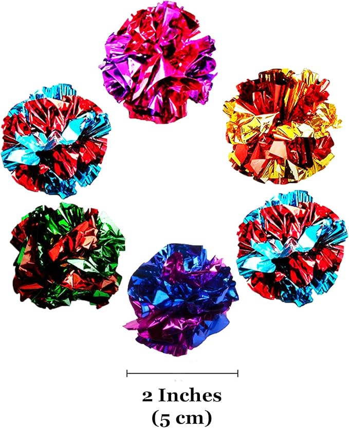 SunGrow Cat Crinkle Balls, Shiny, Mylar Crinkler, Stress-Relief Toy for Kittens, Interactive & Engaging, Keeps Grown-up Cats Active, Encourages Multi-cat Play, Provides Endless Entertainment, 6 Pcs