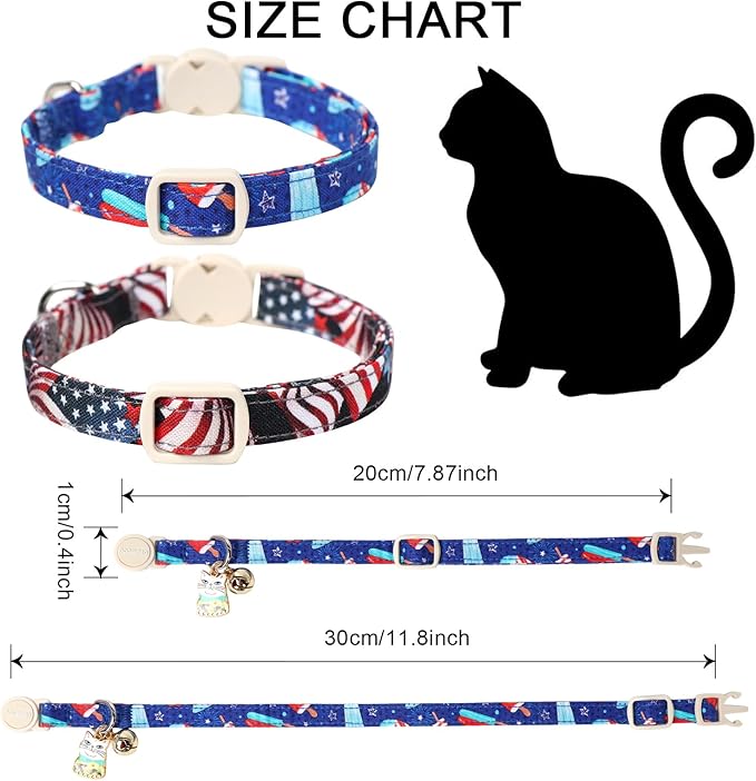 Cat Collar,2 Pack 4th og July Cat Collars Breakaway with Bell, DOGWONG Safety Buckle Cat Collar for Girl Boy Cats and Small Dogs，Adjustable 7-12 Inch,Pet Supplies Accessories