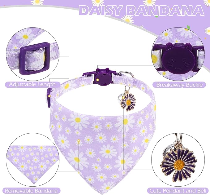 EXPAWLORER Cute Cat Collar Breakaway with Bells - 2 Pack Adjustable Floral Pet Collar with Removable Bow Tie and Bandana, Safety Buckle for Girl Boy Cats Kitten, Pink Purple Daisy