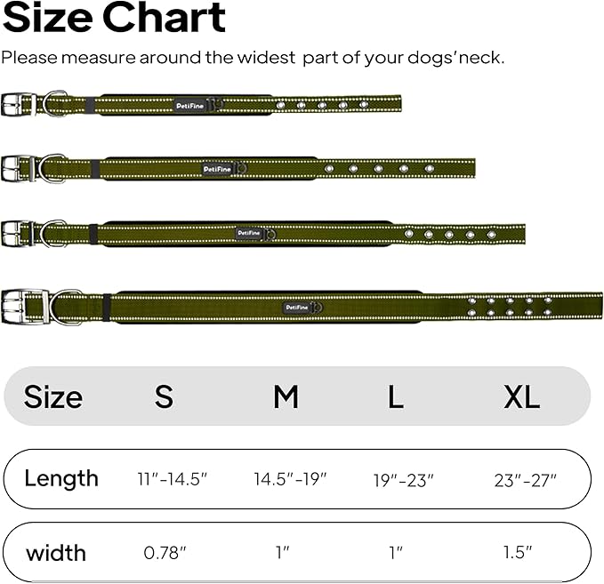 PetiFine Dog Collars for Medium Dogs, Neoprene Padded and Adjustable, Reflective Wide Heavy Duty Pet Collars with Durable Metal Belt Buckle for Walking, Green, M