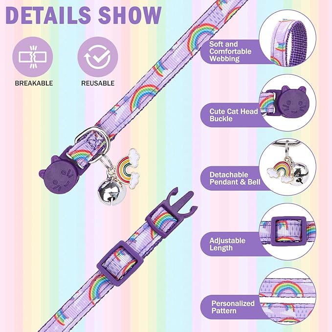 SCENEREAL Cat Collar with Bells, 2 Pcs Breakaway Cat Collars with Adustable Bowtie, Safety Kitten Collar for Boy Girl Cats Puppy, Cute Spring Summer Rainbow & Floral Pet Collar, Green & Purple