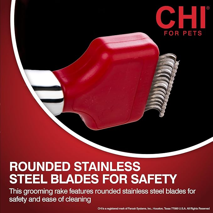 CHI for Dogs Dematting and Deshedding Undercoat Rake, Dog Grooming Tool for Long Hair and Double Coats, Rounded Blade Teeth Help Remove Mats and Loose Undercoat, Detangling Rake for Shedding Control