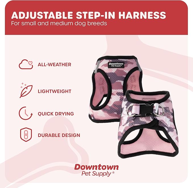 Downtown Pet Supply Step-in Dog Harness – No Pull, Adjustable Padded Mesh with Reflective Trim, Secure Buckle Strap – Comfortable & Breathable Small Dog Harness, X-Small, Camo Pink