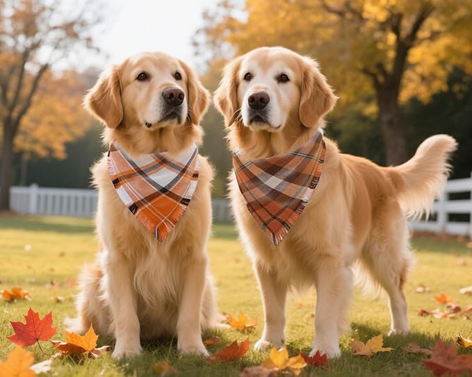 Fall Dog Bandanas,Autumn Halloween Orange Plaid Scarf,Triangle Holiday Thanksgiving Outfit for Boy and Girl Dogs,Pet Costumes for Medium to Large Dogs,2PCS Double-Sided Plaid Design with Tassels