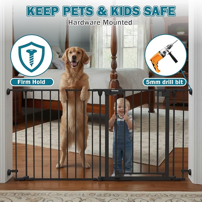 Mumeasy 80" Extra Wide Baby Gate for Doorways, Stairs & Fireplace, Auto Close Dog & Pet Gate with Walk Thru Door, 3 Metal Panels, Hardware Mounted Child Safety Fence for House, Indoor/Outdoor, Black