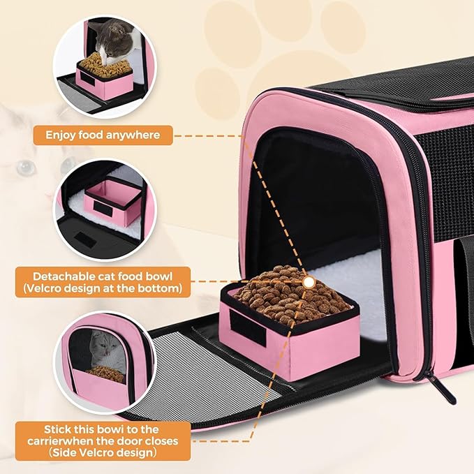 Soft Cat Carrier for Pets Up to 25 lbs, Cat Pet Travel Bag with Padded Shoulder Strap and Detachable Cat Food Bowl, Pet Dog Carriers for Small Dogs and Puppies, Travel Carry, Pink