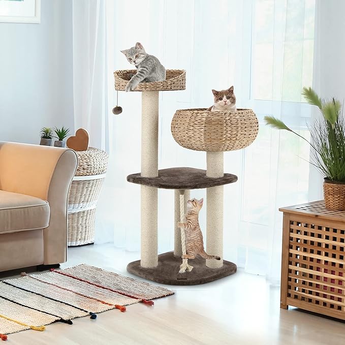 PETSITE 41 Inch Modern Cat Tree for Indoor Cats, Multi-Level Cat Tower with Scratching Posts, Hand-Made Wicker Cat Condo & Top Perch, Dangling Ball, Sisal Rope, Cute Cat Tree for Indoor Cats