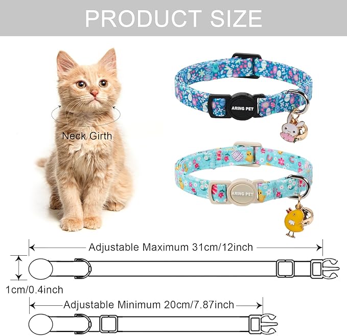 ARING PET 2 Pack Easter Dog Cat Collars, Cute Breakaway Kitten Small Easter Egg Rabbit Chick Collars with Bells for Girl Boy Cats-Blue & Mint Green