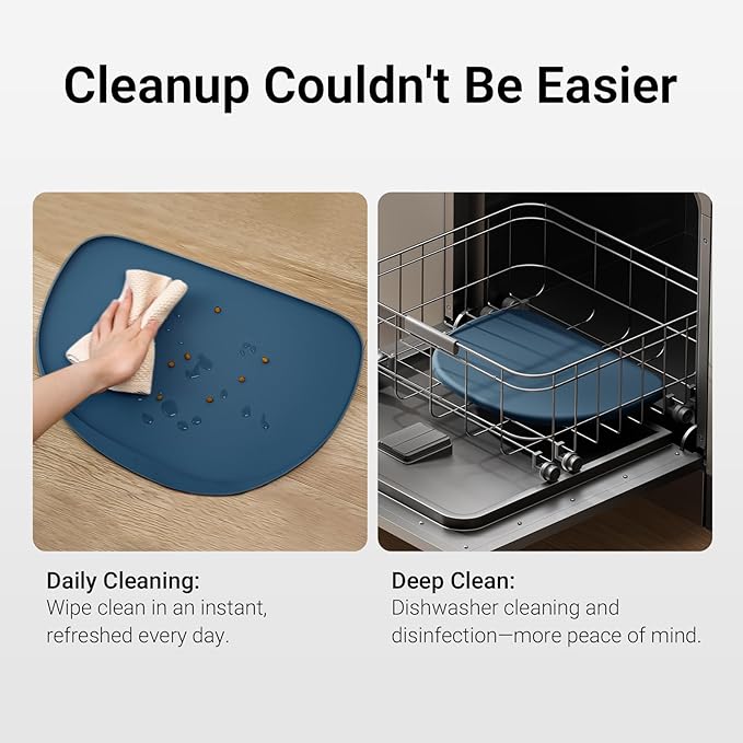 DownyPaws Cat Food Mats for Floors Waterproof, BPA Free Silicone Pet Feeding Mat, Non-Slip Pet Food Mat with High Raised Edge, Cat Placemat for Messy Drinkers, 18"×12.5", Ocean