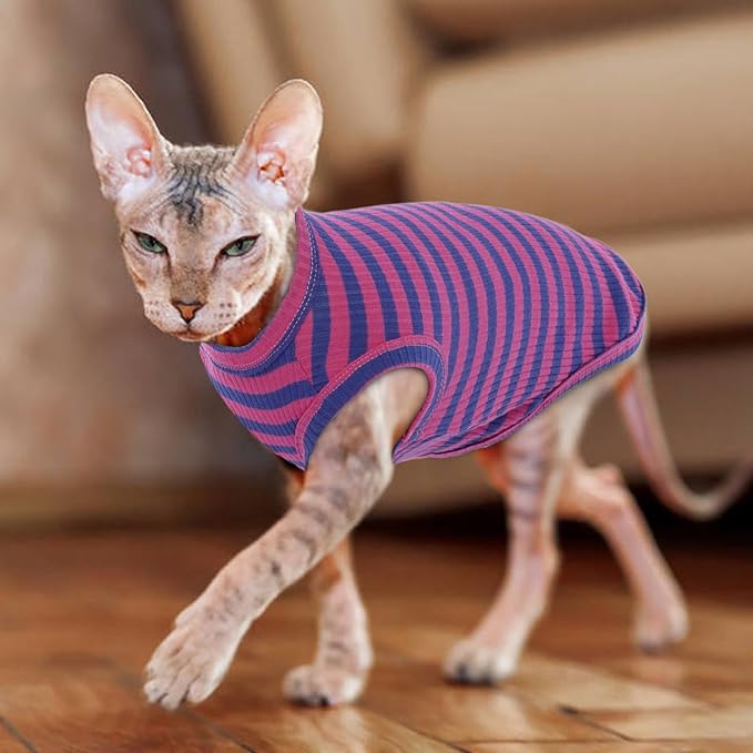 BRKURLEG Sphynx Hairless Cats Shirt Puppy Clothes Soft Cotton T-Shirts Cute Cats Pajamas Cat Stripes Vest Pet Sweater, Round Collar Vest Kitten Shirts(PinkBlue Stripes, M)