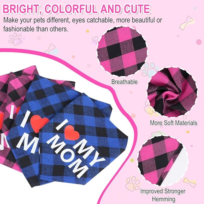 GreenJoy Cute Plaid Dog Bandana – Washable Pet Triangle Scarf for Small, Medium, Large Dogs and Cats, Adjustable Pet Accessory for Birthday, Wedding and Christmas (Pink (Mom), Medium)