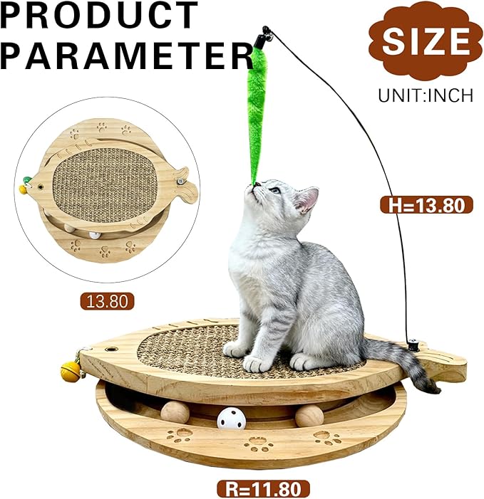 Cat Scratcher with Natural Sisal Pad, 3-in-1 Cat Scratching Board, 2-Tier Kitten Toys with Wooden Ball Track & Swing Toys -No Assembly Cats Activity Center, for Indoor and Outdoor