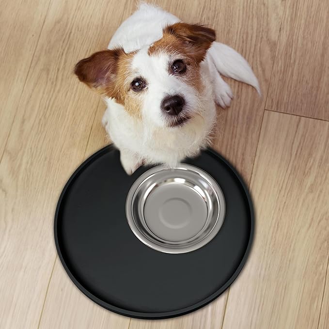 4 PCS Thickened Pet Silicone Food Mat, Nonslip Waterproof Cat Dog Feeding Bowl Mats with Raised Edges for Food and Water Prevent Spills, Round Eating Tray for Floors, Puppy Kitten, 10'' x 10''