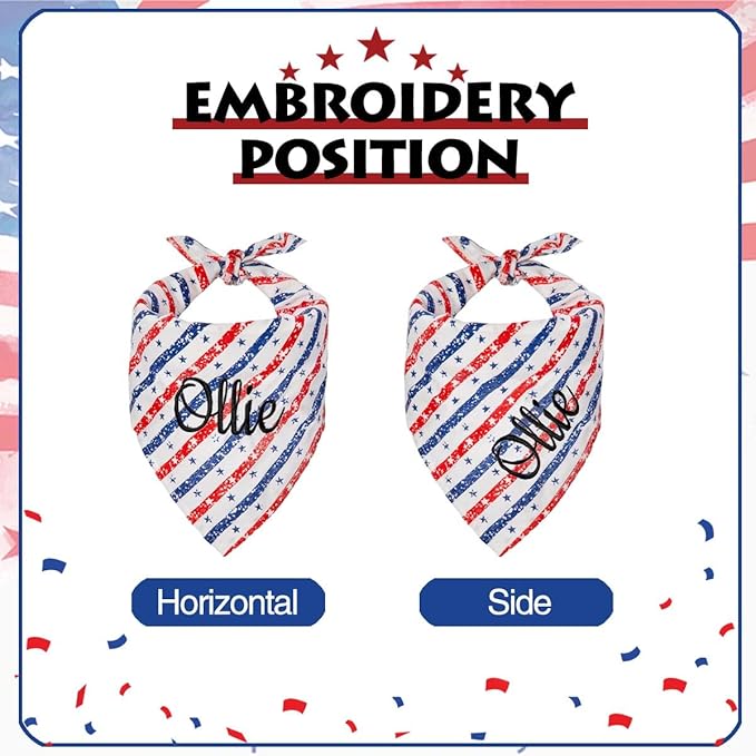 Personalized 4th of July Dog Bandana Embroidered Name Custom Neckwear Dog Scarf for Small Medium Large Dogs Cats Pets Birthday Gift