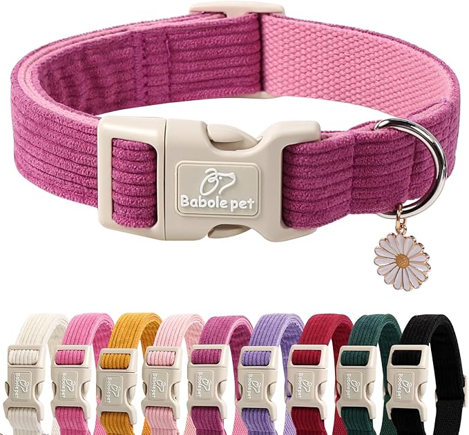 Cute Corduroy Dog Collar - Fuchsia Adjustable Dog Collars for Small Dogs 10-25lbs, Fade-Proof with Secure Snap & Little Charm, Christmas Birthday Gift, S