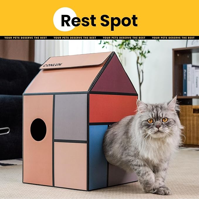 Cardboard Cat House with Scratch Pad & Catnip, Cat Play Scratching House for Indoor Hideaway Furniture, Heavy Duty Sturdy Cardboard Scratcher, Easy to Assemble Birthday Gift, Medium
