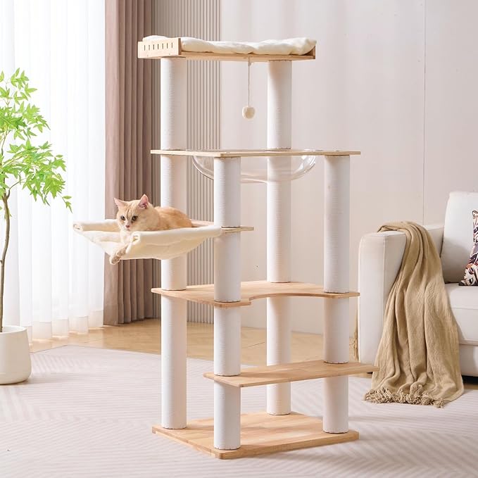 SHENGOCASE Modern Natural Wooden Wood Cat Tree Tower Condo, Extra Large Top Platform Perch, 57" Tall, Big Clear Capsule Bowl Bed, for Maine Coon Indoor Cats