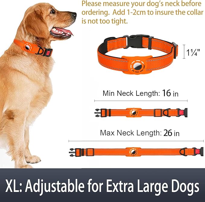 Airtag Dog Collar with AirTag Holder for Large Dogs, Reflective, Soft Padded & Safety Locking Buckle, Nylon Pet Collars Adjustable for All Breeds, Orange,XL