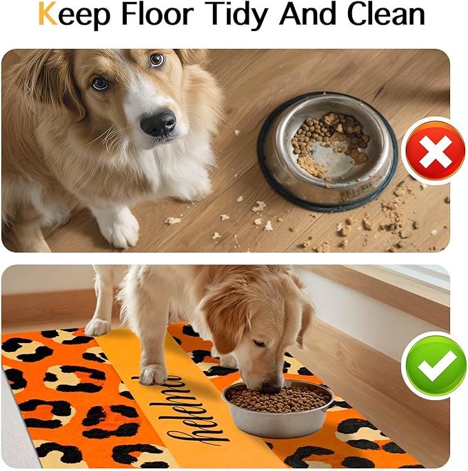 Puppy Feeding Mat 20x12 inch Orange Leopard Print Dog Bowl Placemat Non Slip Mat for Pet Food and Water Small Dog Food Area Indoor Puppy Feeding Station Pet Meal Mats for Kitchen